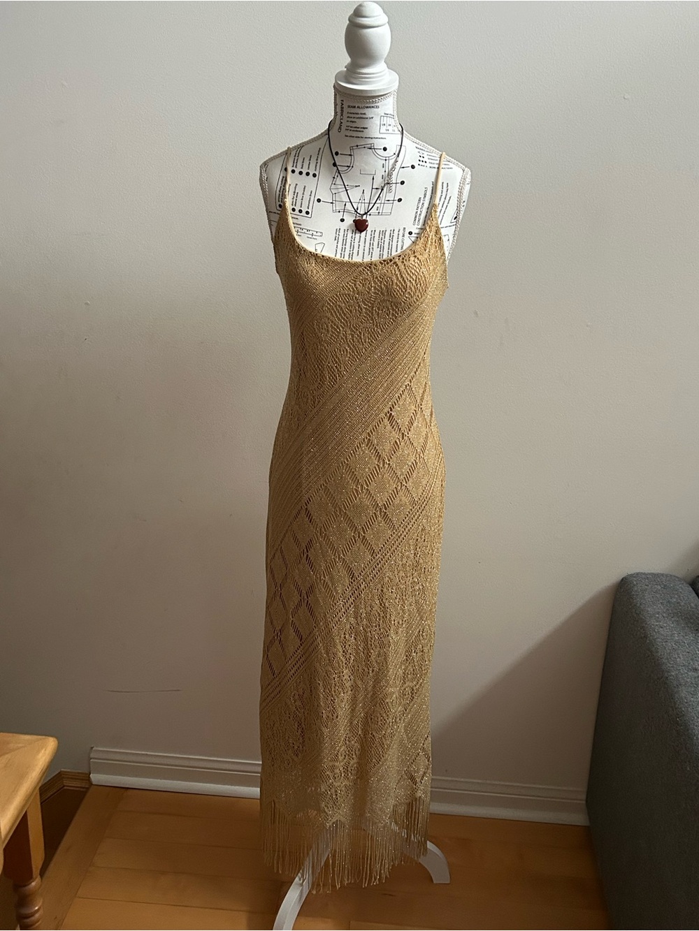 French Bazaar Sheer Gold Knit Slip Maxi Dress with Fringe